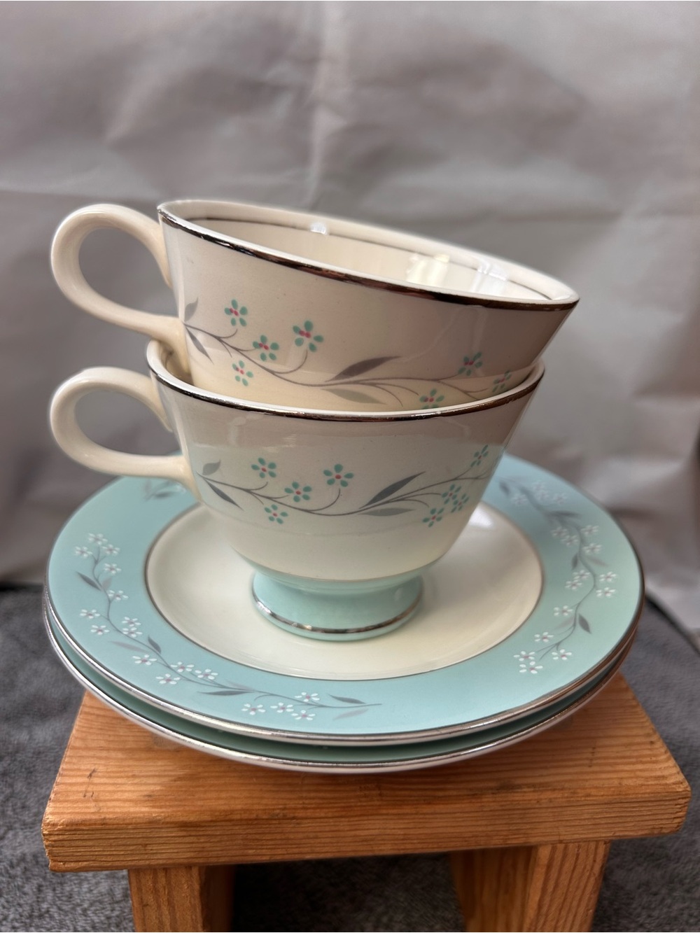 Ivory Teacup & Saucer Set with Aqua Floral Trim